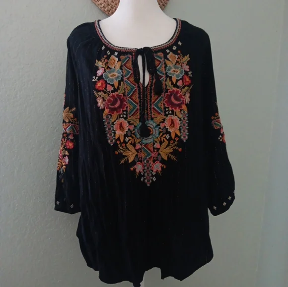 Johnny Was Clancy Black Tunic with Multicolor Floral Embroidery - Picture 2 of 6